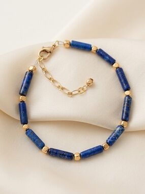Hand Crafted Lapis Lazuli Tube & Gold Spacer Bead Adjustable Bracelet 7” NWT